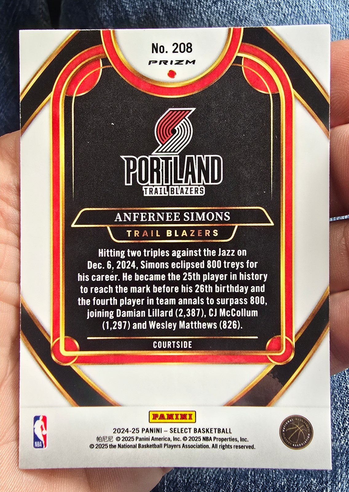 2024-25 Panini Prizm Select Anfernee Simons Courtside Blue Cracked Ice #208 - Image 2