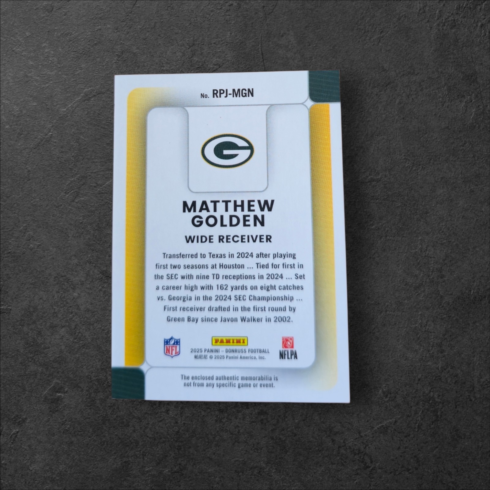 2025 Panini Donruss - Rookie Phenom Jerseys Matthew Golden #RPJ-MGN (MEM, RC) - Image 2